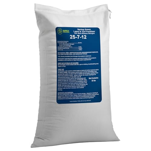 Supply Solutions 25-7-12 Lawn and Turf Fertilizer - 15% Slow Release Nitrogen Lawn Fertilizer for All Grass Types, Shrubs - Turf Builder Plant Food Covers 12,500 sq.ft (50lbs) - size: 50 Pounds