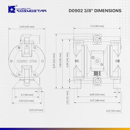 COSMOSTAR D0902 3/8" Stainless Steel Double Air Diaphragm Pump, Aluminum Body, Teflon Ball, seat and Diaphragm, Pump Muffler, Pump, Chemical Pump, Waste Oil Pump, Pneumatic Oil Pump, Diaphragm Pumps - size: D0902 3/8" Stainless Steel