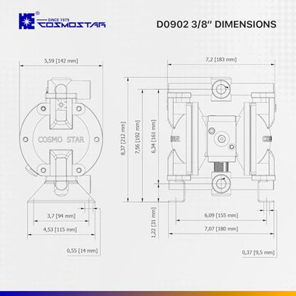 COSMOSTAR D0902 3/8" Stainless Steel Double Air Diaphragm Pump, Aluminum Body, Teflon Ball, seat and Diaphragm, Pump Muffler, Pump, Chemical Pump, Waste Oil Pump, Pneumatic Oil Pump, Diaphragm Pumps - size: D0902 3/8" Stainless Steel