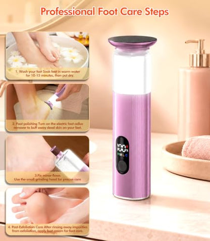 5-in-1 Electric Foot Callus Remover,Portable Callus Remover for Feet【Ergonomic Triangular Grip - 45% Less Slippage】【Optimal RPM Combination】 Display & LED Lights-Foot Callus Remover with 30 Grit Pads - color: Pink