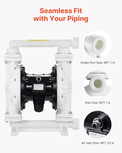 VEVOR Air Operated Double Diaphragm Pump, 25 GPM, 1 inch Inlet & Outlet Pneumatic Waste Oil Transfer Pump, Max 100 PSI, Polypropylene Body, Air-Operated for Diesel, Grease, Kerosene, Gasoline & Oil - style: 1inch 25GPM Polypropylene