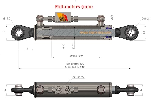 Hydraulic Top Link Cat. 1-1 | Min-Max : 23 5/8” - 37” | With Locking Block + 2 Hyd. Hoses