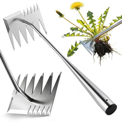 Weed Puller Tool, Heavy-Duty Stainless Steel Garden Hand Weeding Tool - size: 6-tooth
