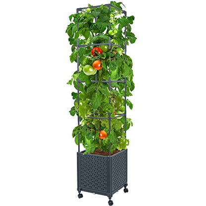 LINEX Raised Garden Bed Planter Box with Trellis, 56.7” Tomato Planters for Climbing Plants Vegetable Vine Flowers Outdoor Patio, Tomatoes Cage w/Self-Watering & Wheels - size: 12.4*12.4*56.7 inch