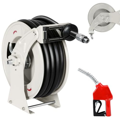 3/4" Diesel Fuel Hose Reel 50ft 300 PSI Retractable Heavy Duty Hose for Kerosene Spring Driven Auto Swivel Fuel Pump Transfer Hose with Nozzle Refueling for Service Truck Tank Boats Air Vehicle - size: #205-3/4" x 50ft, Silver