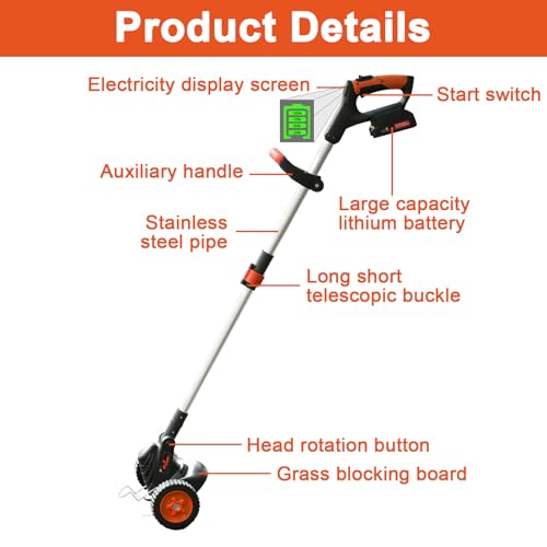 Weed Wacker Eater Cordless Battery Powered Electric Edger Lawn Tool Trimmer String Cordless Whacker Operated Grass Edger Cutter Black-Orange *2 Battery