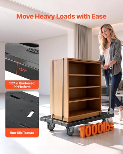 VEVOR Platform Truck Push Cart Dolly, 1000LBS Heavy Duty Folding Platform Truck with 360° Swivel Wheels, Flat Bed Cart with Space Saving Push Handle for Garage/Basement/Office/Warehouse - size: 35.2 x 23.4 x 33.5 in/ 895 x 595 x 850 mm