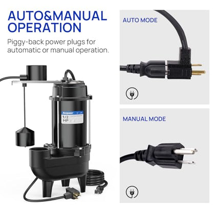 Acquaer 1/2 HP Submersible Sewage Pump 6000 GPH Auto Vertical Float Switch - color: Deep Black