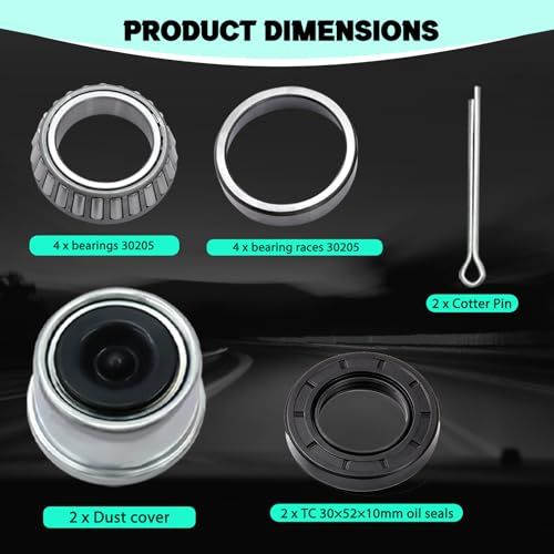 2 Sets Trailer Wheel Bearing Kit for 25mm Axles, 30205 Tapered Roller Bearings with TC 30x52x10mm Oil Seal, Quiet High Speed Durable Trailer Hub Repair Kit, Includes Dust Cover & Cotter Pin - color: 2Set-30205-Bearings