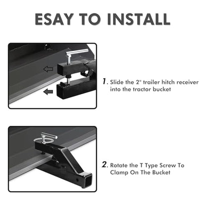 Clamp On Trailer Hitch Receiver 2 Inch Ball Mount Adapter for Tractor Bucket Fits All 2" Hook Inserts, Black