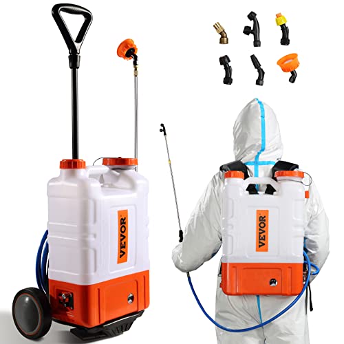 VEVOR 4 Gallon Battery Powered Backpack Sprayer with Wheeled Cart, Adjustable 0-94 PSI, 13FT Hose, 6 Nozzles, 2 Wands Included, Wide Mouth Lid for Weeding, Cleaning, Long Spray Time Without Fatigue - size: 4 Gal with Cart