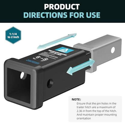 Trailer Hitch Receiver Extender Adapter Reducer, 1-1/4 inch to 2 inch, Extender to 6-1/2" Extension Length, 350 LBS Capacity for Cargo Carriers & Bike Racks (Carbon Steel, Black) - size: 1.25" to 2"