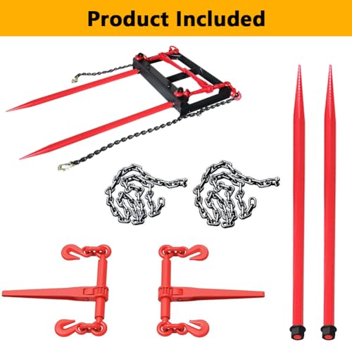 Dual Prong 43" Hay Bale Spear Attachment, Front Skid Steer Tractor Loader Bucket Attachment Conus 2 Tines, Chains and Ratchet Binders Included