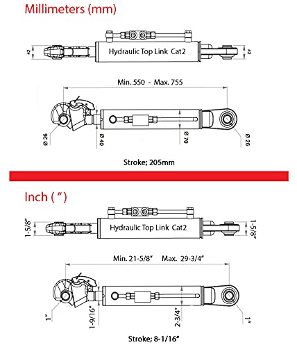 Hydraulic Top Link Cat 2+2 with Hook, 21-5/8" - 29-3/4" / 8-1/16" Stroke with Valve+Hoses
