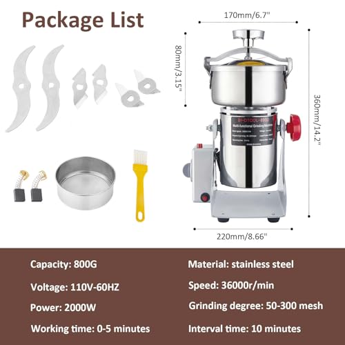 BI-DTOOL Electric Grain Mill Grinder 2000W Dry Material Grinding Machine 800g Stainless Steel Pulverizer 36000r/min High-speed Grain Mill 270° swingable Superfine powder for Home and Commercial 800g - size: 800g