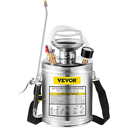 Happybuy 1 Gallon Stainless Steel Pump Sprayer, 12" Wand & 3FT Reinforced Hose, Pressure Gauge, Safety Valve & Adjustable Nozzle, Garden Weed Sprayer for Lawn, Gardening, Sanitizing | Yard Sprayer, Gardening & Sanitizing, 12" Wand & 3 FT Reinforced Hose,