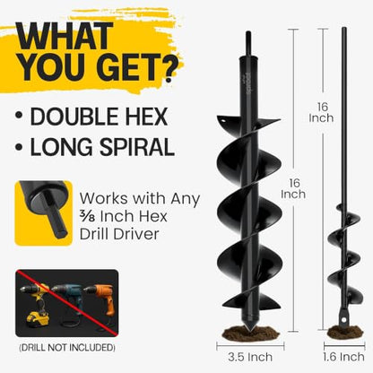 2 Pack Garden Auger Drill Bit for Planting 1.6x16 & 3.5x16 Inch | Umbrellas and Fences Auger Post Hole Digger for Gardening and Spiral Bulb Planter Tool – 3/8 Inch Hex Drive Compatible - size: 1.6 x 16 Inch + 3.5 x 16 Inch (2 Pack)