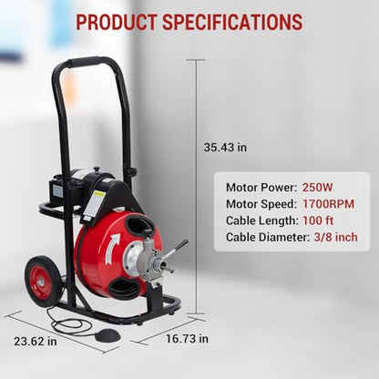 GarveeTech Auto Feed 100 ft x 3/8 in Drain Cleaner Machine with 250W Motor