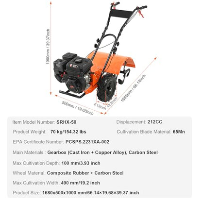 VEVOR Tiller Cultivator, 212CC 4-Stroke Garden Cultivator, Tiller with 4 Steel Adjustable Rear Tines for Lawn, Garden and Field Soil Cultivation - size: 212CC,4-Stroke