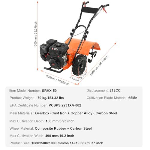 VEVOR Tiller Cultivator, 212CC 4-Stroke Garden Cultivator, Tiller with 4 Steel Adjustable Rear Tines for Lawn, Garden and Field Soil Cultivation - size: 212CC,4-Stroke