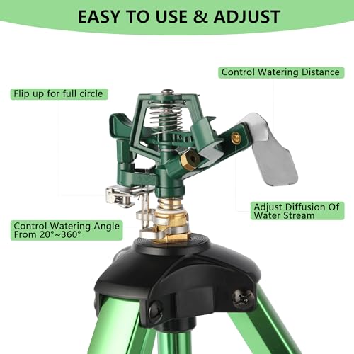 Green Zinc Alloy Water Bird Sprinkler, Heavy Duty Tripod Base Garden Sprinkler, 360 Degree Large Area Irrigation, Durable Flip Lock Legs & Adjustable Nozzle, 1 Pack