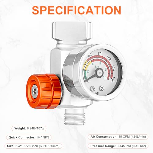 REFINE Air Pressure Regulator with Gauge 1/4" NPS for Paint Spray Guns