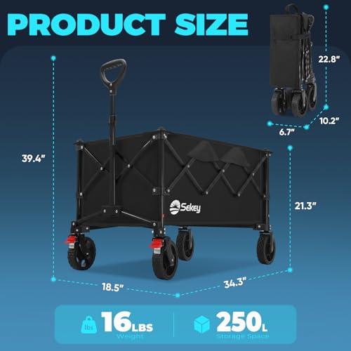 Sekey Collapsible Wagon, 300 lb Capacity, 29 in Cargo Bed, Compact Fold - color: Black