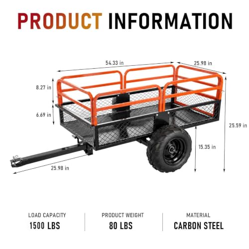 ATV Trailer 1500LBS, 22Cu.Ft Steel Dump Cart Tow Behind for Lawn Tractor