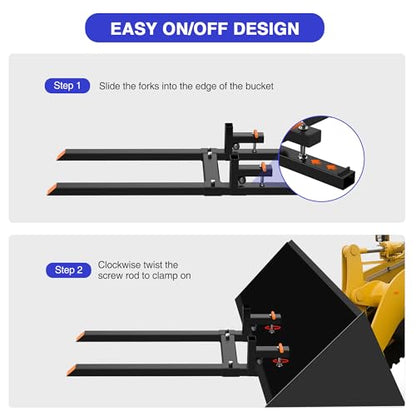 Heavy Duty 60" Tractor Bucket Pallet Forks - 4000 Lbs Clamp-On Fork Attachment for Skid Steer, Loader with Adjustable Stabilizer Bar