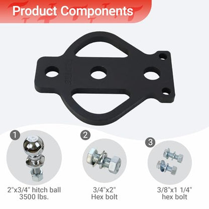 3-Way Bolt on ATV/UTV Trailer Hitch Adapter with 2-Inch Ball - style: Flat