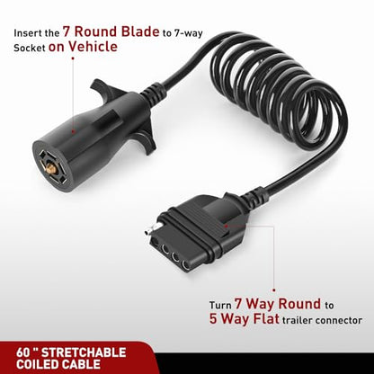 Nilight 7 Way to 5-Way Coiled Trailer Extension Wiring Harness 5FT - color: 7Pin to 5Pin Coiled Cable