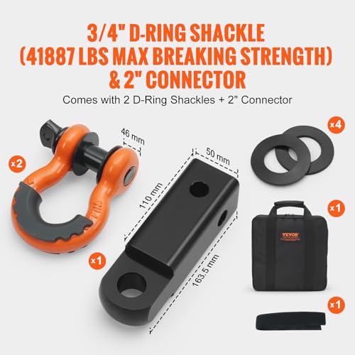 VEVOR Polyester Heavy Duty Tow Strap Recovery Kit 3" x 30 ft (MBS-36,000 lbs) Winch Strap, Triple Reinforced Loop, Snatch Strap + 2" Shackle Hitch Receiver + 3/4" D-Ring Shackles (2PCS) + Storage Bag