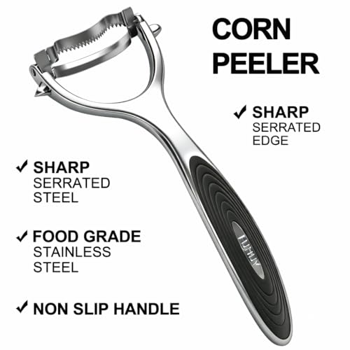 Corn Peeler Tool Set, Stainless Steel Corn Kernel Remover with Serrated Blade, Ergonomic Non-Slip Handle, Includes Corn Holders for Easy Corn Cutting
