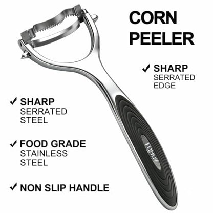 Corn Peeler Tool Set, Stainless Steel Corn Kernel Remover with Serrated Blade, Ergonomic Non-Slip Handle, Includes Corn Holders for Easy Corn Cutting