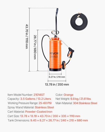 VEVOR Industrial Concrete Sprayer with Wheeled Cart, 3.5 Gallon Stainless Steel Sprayer, Heavy Duty Tri-Poxy Pump Sprayers, 20.5"Wand, 48" & 120"Hoses, 2 Brass Nozzles for Construction, Lawn & Garden - size: 3.5 Gal with Cart