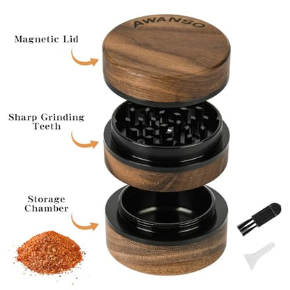 3-Piece Grinder, 2.5" Walnut Wood & Aluminum Grinder for Kitchen Spices with Large Bottom Chamber