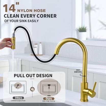 Tohlar Gold Kitchen Faucet with Pull Down Sprayer and Deck Plate - color: Brushed Gold, style: Standard