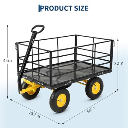 Steel Garden Utility Wagon – 1500 lbs Capacity, 13-Inch All-Terrain Wheels, Removable Sides, 180° Swivel Handle – Towable Flatbed Cart for Lawn, Yard, Farm – Red Rims, Black Frame, Black - color: Black