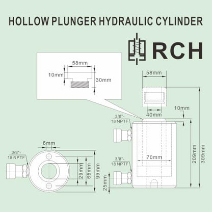 20 Ton Double-Acting Hollow Hydraulic Cylinder 100mm(4") Stroke - size: BRCH-20100