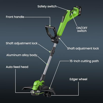 15" Electric Weed Wacker Cordless，2X3.0Ah Battery Powered, Auto Line Feed