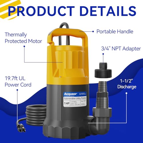 Acquaer 1HP Sump Pump, 4345GPH Submersible Water Pump - color: Orange