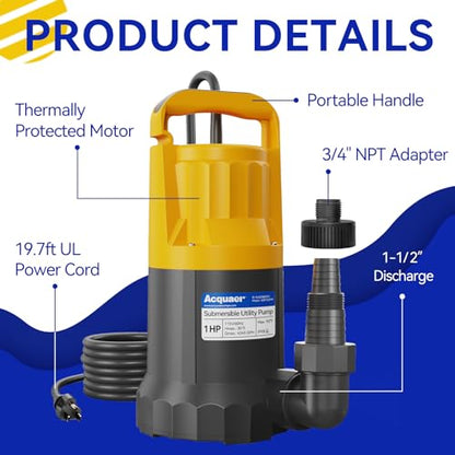 Acquaer 1HP Sump Pump, 4345GPH Submersible Water Pump - color: Orange