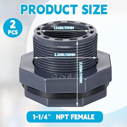 2 Pcs 1-1/4 Inch Bulkhead Fitting PVC Npt Tank Connector - size: 1-1/4 Inch