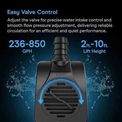 AC Infinity 850 GPH Submersible Water Pump (3218 L/H 36W). - size: 850 GPH
