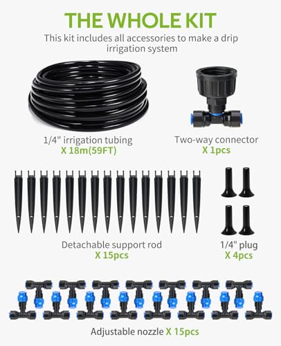 HIRALIY 59FT Drip Irrigation Kit, Quick-Connect Garden Watering System - size: 59 feet