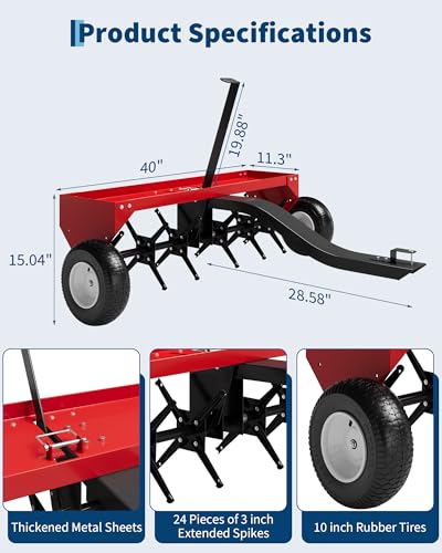 40" Tow Behind Lawn Plug Aerator with Universal Hitch, Red - color: Red-40 Inch