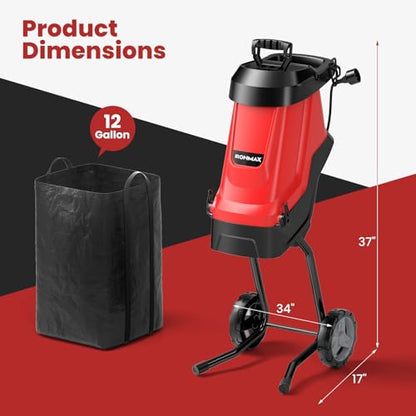15 Amp Electric Wood Chipper Shredder, Corded Wood Mulcher Shredder with Plunger, Collection Bag & 15:1 Reduction, Garden Shredder with Wheels for Branches, Leaves, Waste(Red)