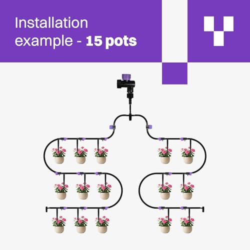 Blooming Micro Drip Irrigation Kit 65 ft – 15-Plant System for Container Gardens & Pots, Adjustable Drippers and Pressure Regulator Included, Easy Tool-Free Setup, UV-Resistant