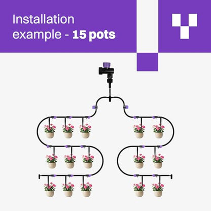 Blooming Micro Drip Irrigation Kit 65 ft – 15-Plant System for Container Gardens & Pots, Adjustable Drippers and Pressure Regulator Included, Easy Tool-Free Setup, UV-Resistant