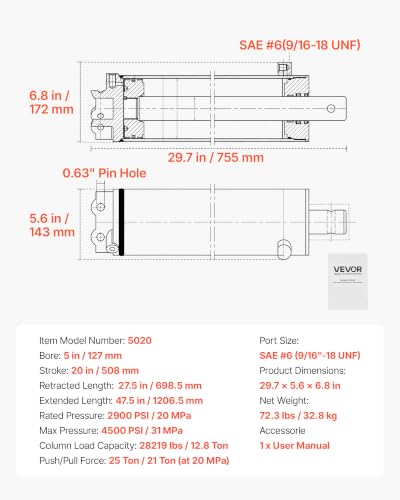 VEVOR Double Acting Hydraulic Cylinder, 5" Bore x 20" Stroke, Max 4500PSI Hydraulic Cylinder, Heavy-Duty Welded Cross Tube Cylinders with 0.63" Pin Hole&SAE #6 Port for Agricultural Machinery Tractors - size: 5x20